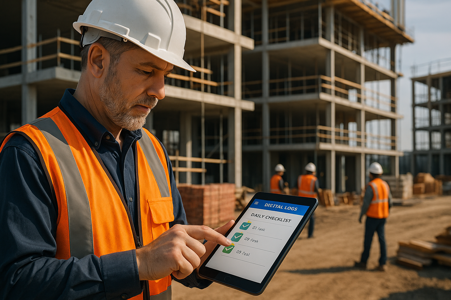 Construction worker reviewing digital checklist on tablet at job site